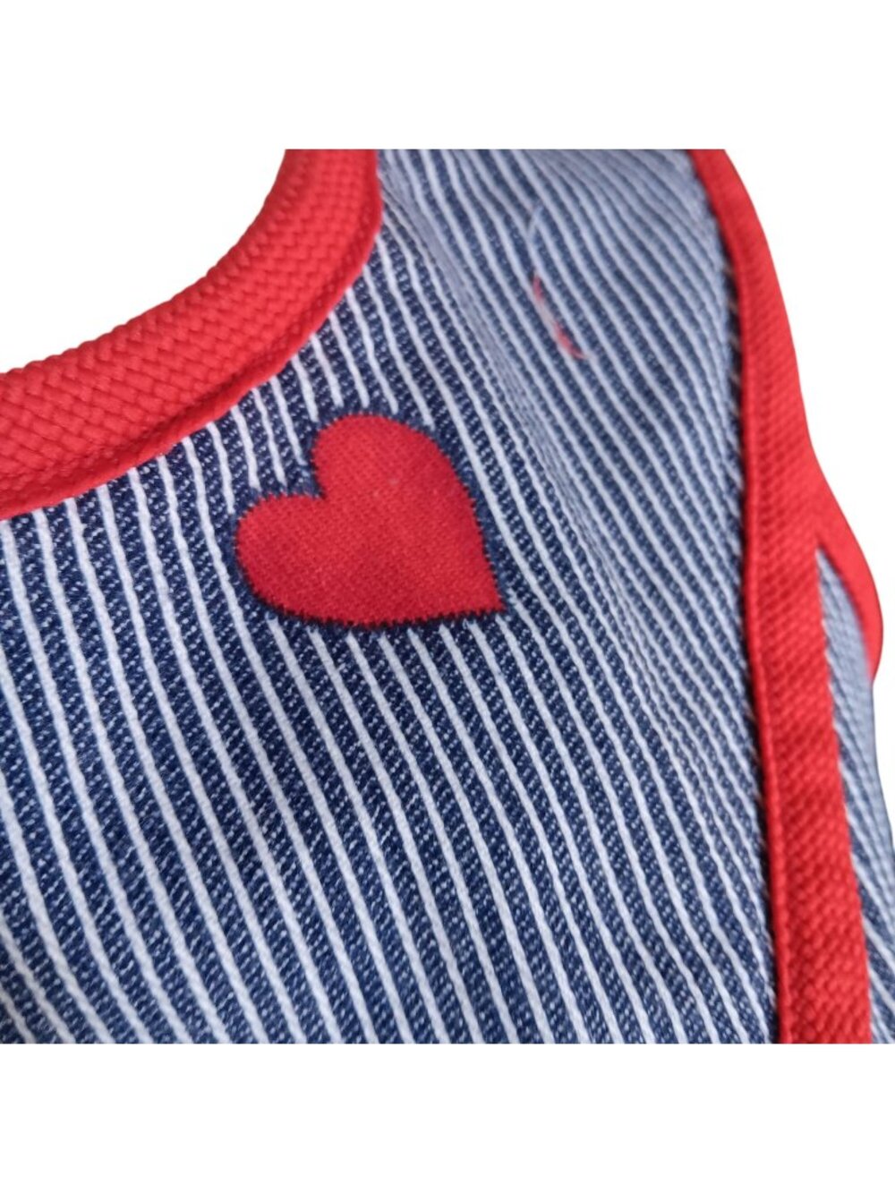 Small Vintage Sleeveless Mini Dress Blue Striped Tunic Red Heart Details 1960s